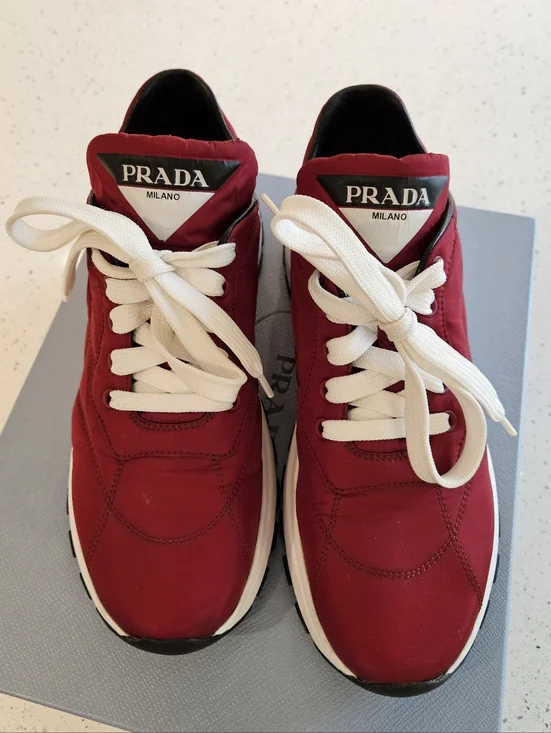 PRADA Red and White Lace-Up Sneakers - Picture 2 of 8